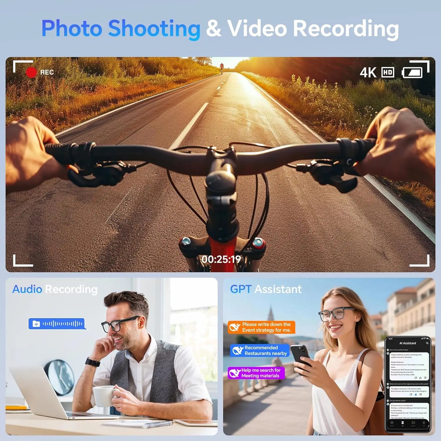 2026 New Smart AI Glasses 1080P HD Video Record Camera ChatGPT Bluetooth Call 32GB ROM Language Translation Music Sunglasses Men